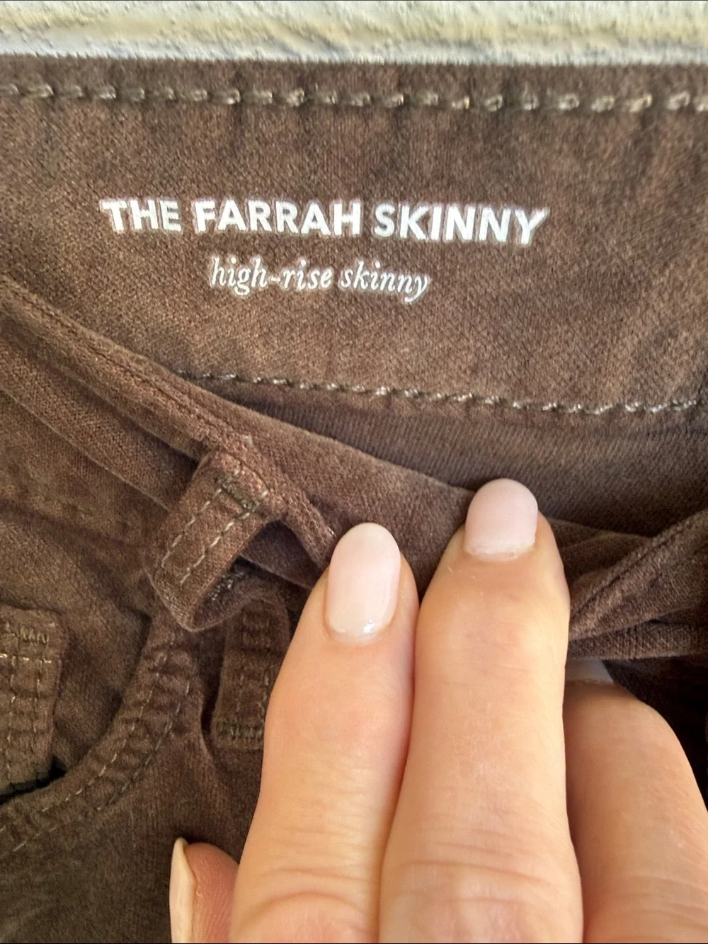 AG Adriano Goldschmied Farrah High Rise Skinny Olive/Brown Velvet Jeans W 29